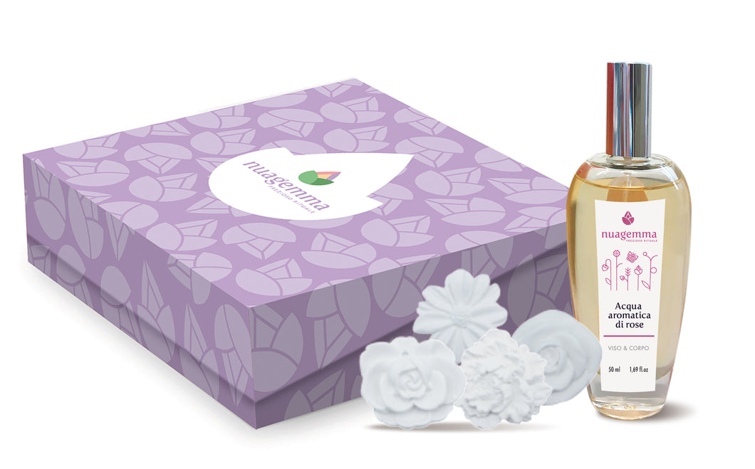 Confezione regalo: Acqua aromatica di rose 50 ml + 4 gessetti profuma biancheria
