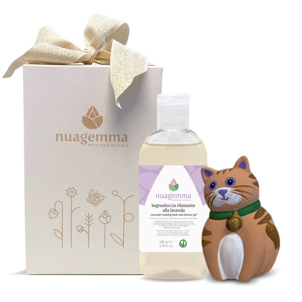 Confezione regalo: Bagnodoccia alla lavanda 100 ml + Gattino in ceramica